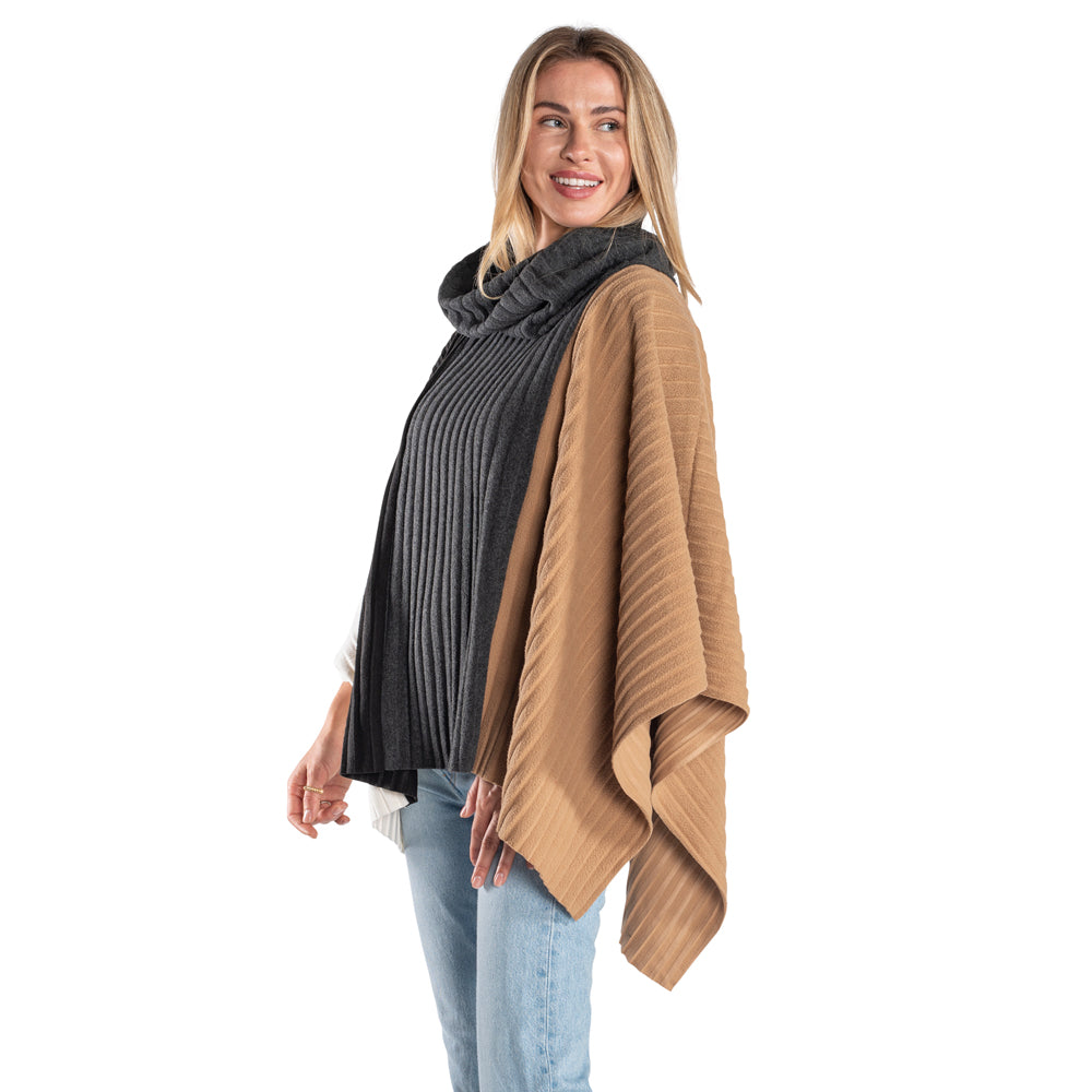 Color Blocked Cowl Neck Pleated Fleece Poncho Linda Anderson