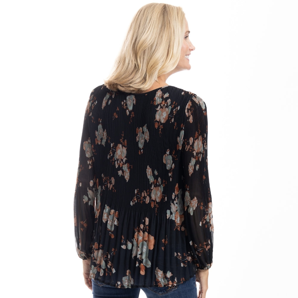 Black Floral Pleated Chiffon Blouse