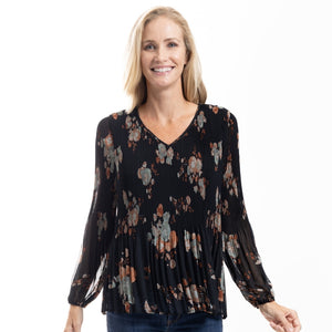 Black Floral Pleated Chiffon Blouse