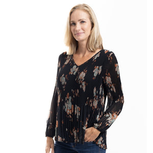 Black Floral Pleated Chiffon Blouse