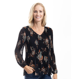 Black Floral Pleated Chiffon Blouse