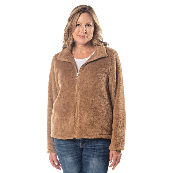 Women's Sherpa Teddy Bear Print Fluffy Fur Cozy Zip up Jacket With